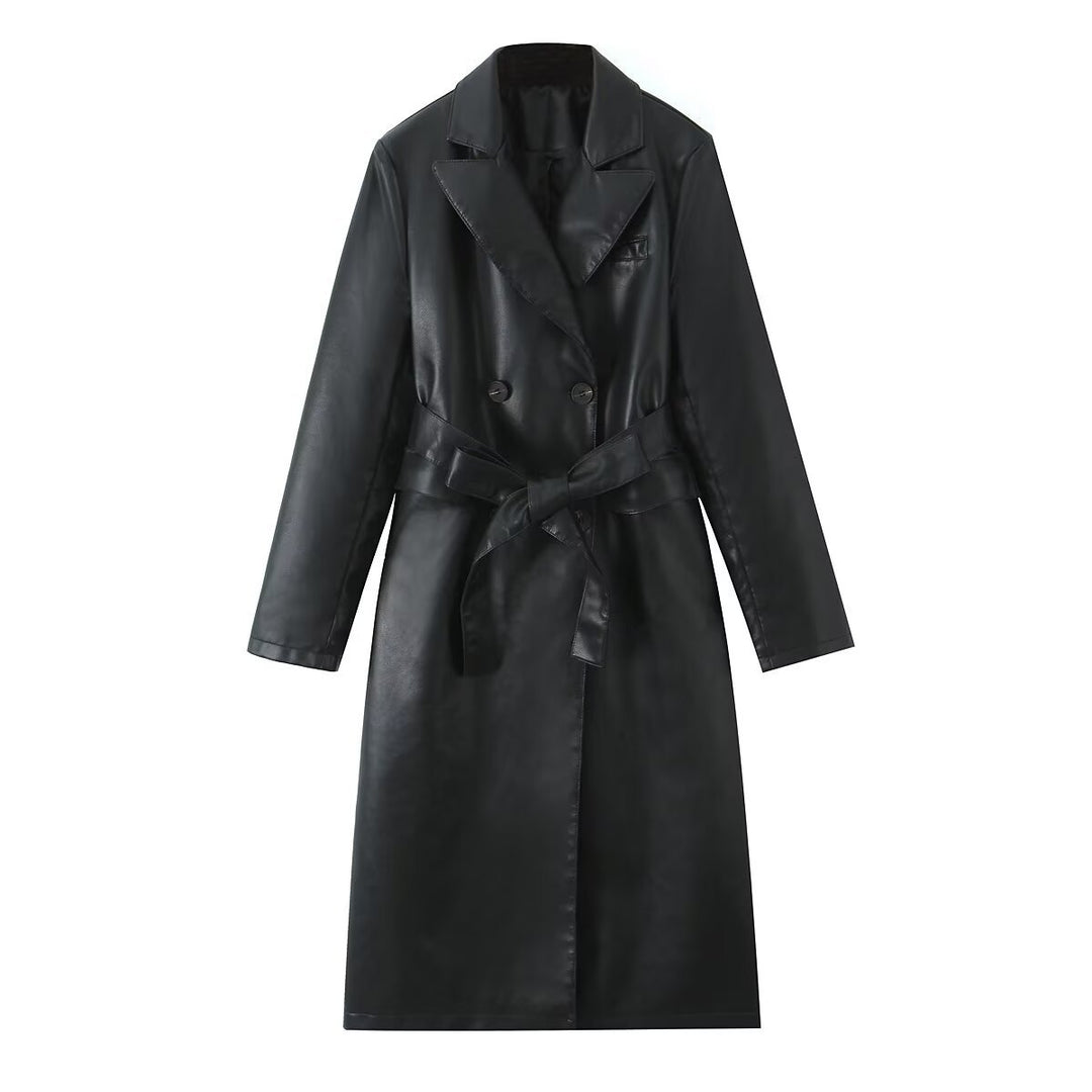 Women's longer tailored coat in leather look with tie belt and lapel collar Mune Fashion