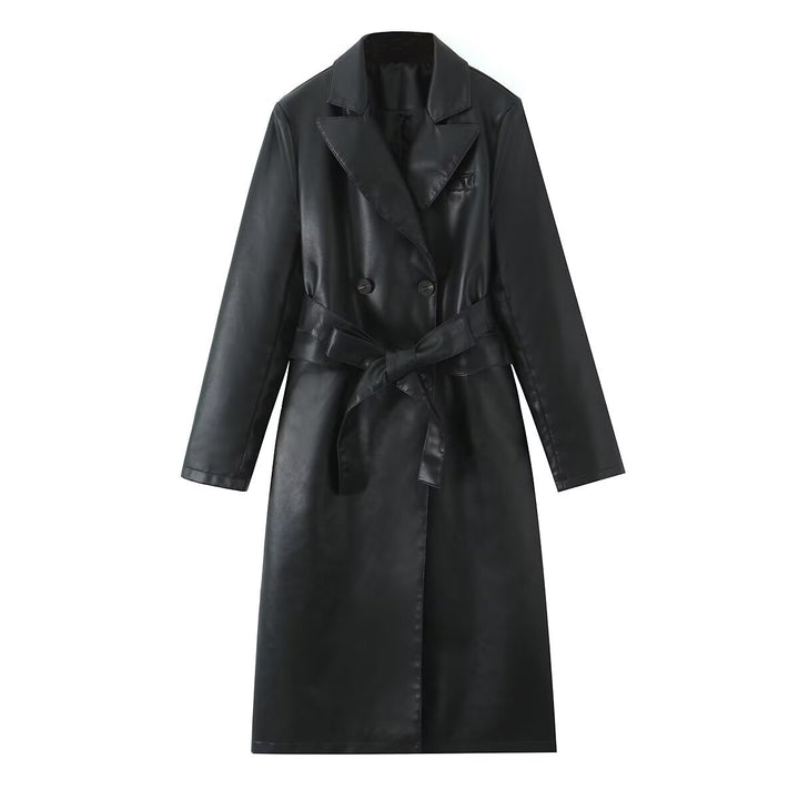 Women's longer tailored coat in leather look with tie belt and lapel collar Mune Fashion