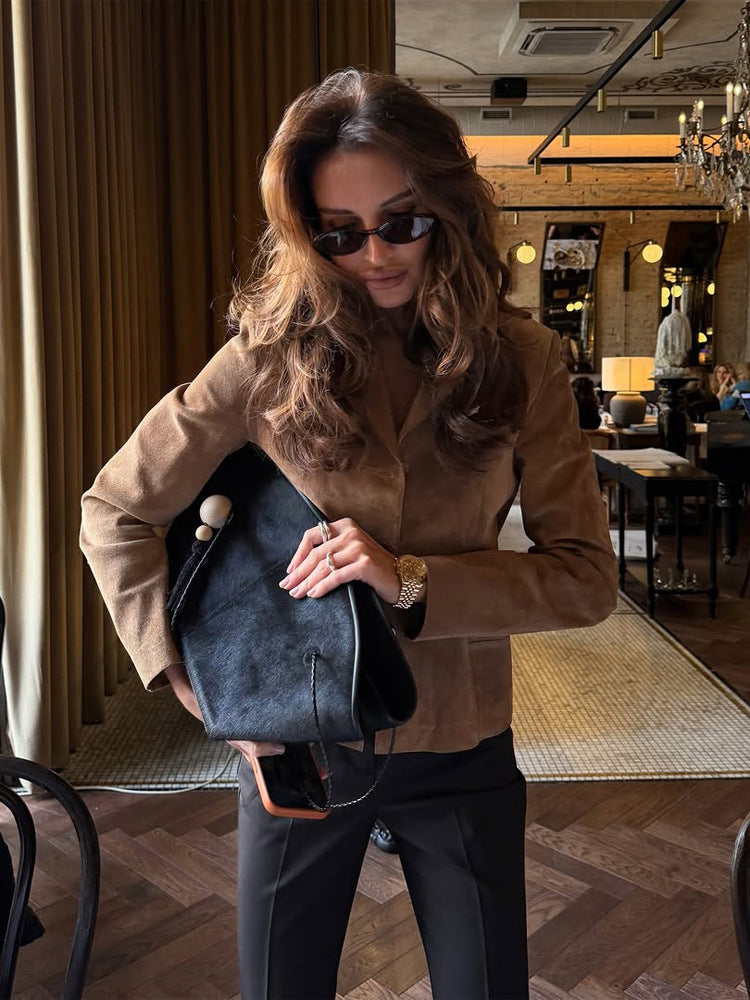 Women's Tailored Suede Blazer Jacket with Shirt Collar and Minimalist Decorative Stitches Mune Fashion