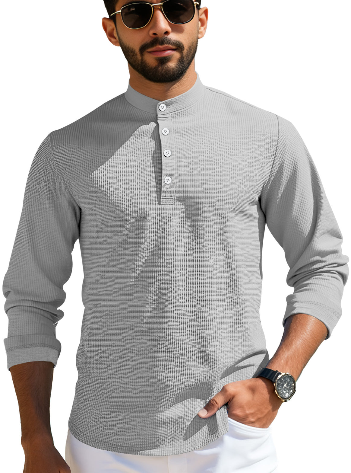 Men's structured long-sleeve henley with Nehru collar and tone-on-tone button placket Mune Fashion