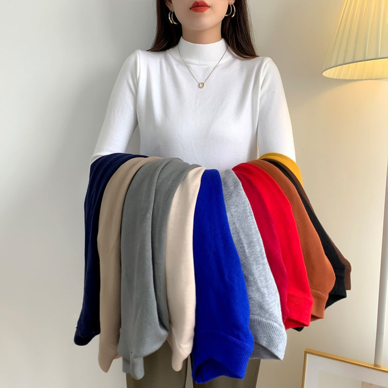 Ladies Fine Long Sleeve Fine Knit Sweater with Narrow Stand-Up Collar and Ribbed Cuffs Mune Fashion