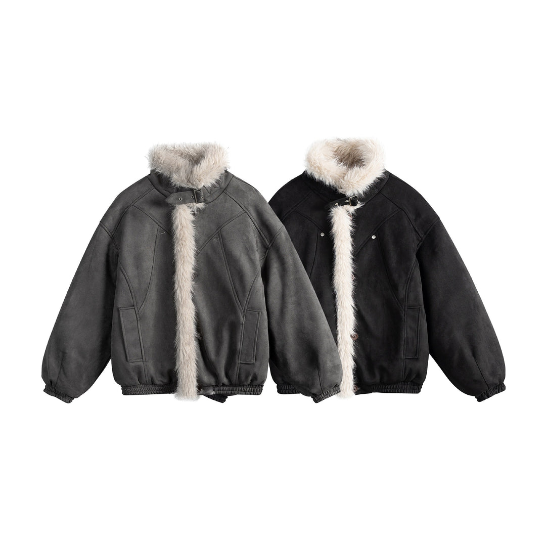 Ladies short cut velour imitation bomber jacket with teddy trim and adjustable neck strap Mune Fashion