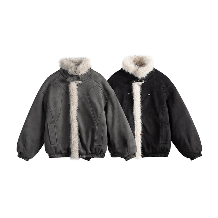 Ladies short cut velour imitation bomber jacket with teddy trim and adjustable neck strap Mune Fashion