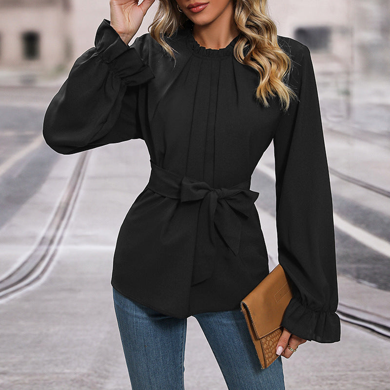 Women Elegant Blouse with Ruffle Details and Tied Belt Mune Fashion