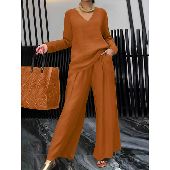 Women's Fine V-Neck Knit Sweater with Flowing Palazzo Pants Mune Fashion