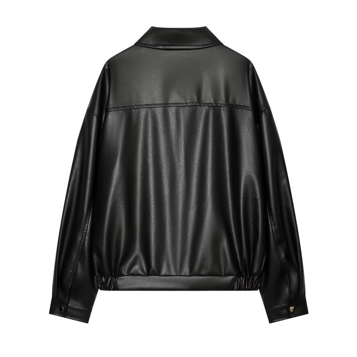 Women Oversize Faux Leather Bomber Jacket with Zipper and Elastic Hem Drune