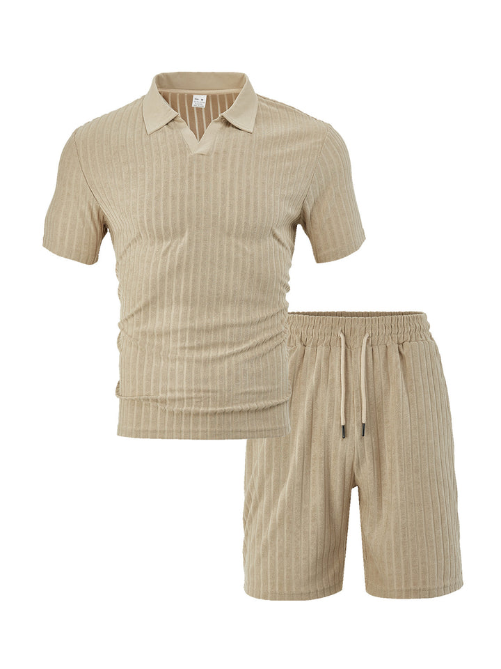 Men's knit lounge ensemble with polo collar V-insert and drawstring bermudas Mune Fashion