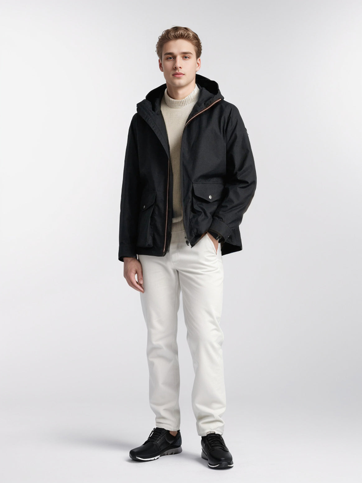 Men's short weatherproof hooded jacket in field style with large flap pockets Mune Fashion