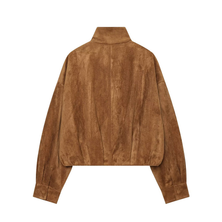 Women's short cut oversized suede bomber jacket with standing collar Mune Fashion