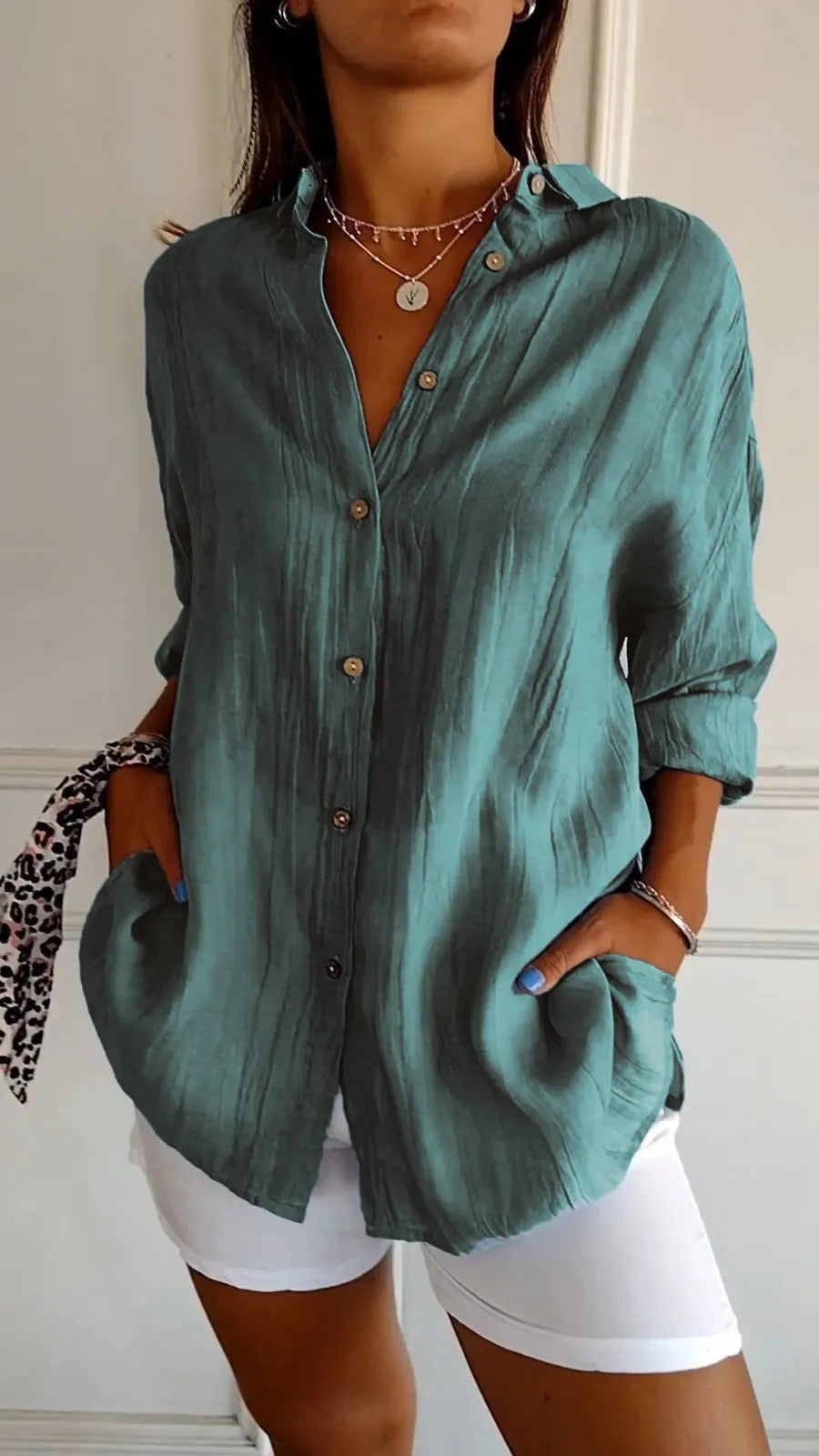 Women's Loose Crinkle Shirt with Pockets and Rolled-Up Sleeves Mune Fashion
