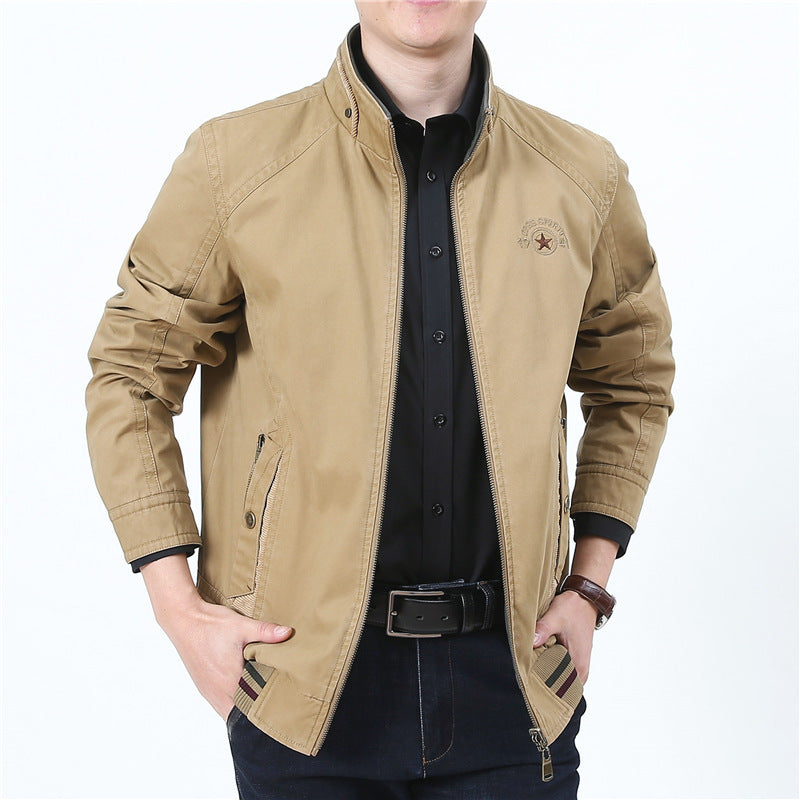 Men's lightweight canvas transitional jacket with stand-up collar, zipper, and ribbed hem Mune Fashion