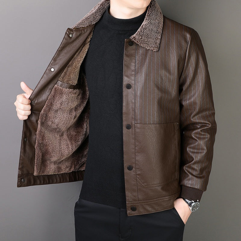 Men's Faux Leather Blouson with Sherpa Collar, Warm Teddy Lining and Pinstripe Detail Mune Fashion