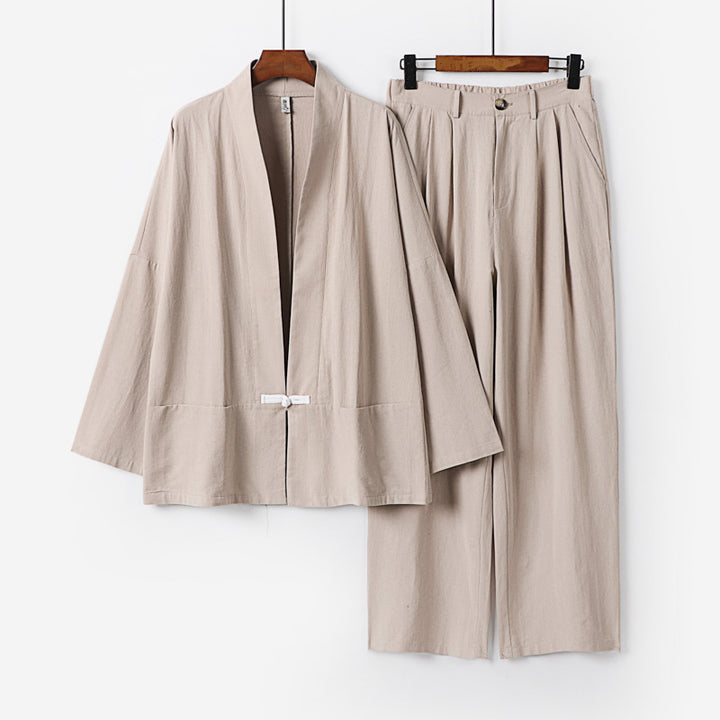 Women's Kimono Lounge Set made of lightweight viscose-linen with decorative toggle closure and wide waistband pants Mune Fashion