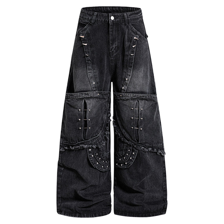 Women Wide High-Waist Denim Cargo Culotte with Rivets and Large Flap Pockets Mune Fashion
