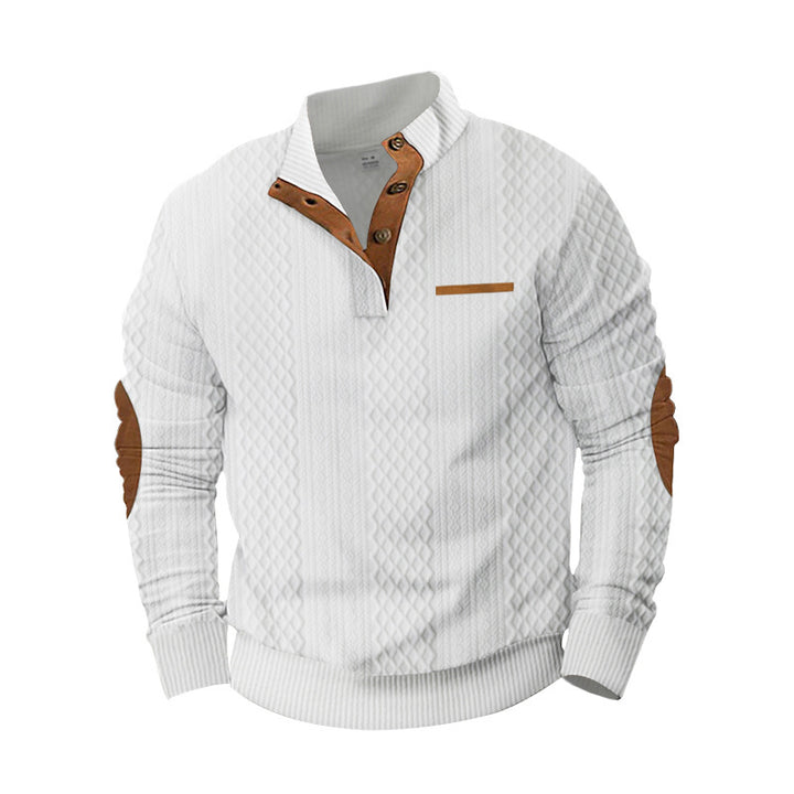 Men's structured half-button sweater with quilted surface, elbow patches, and stand-up collar Mune Fashion