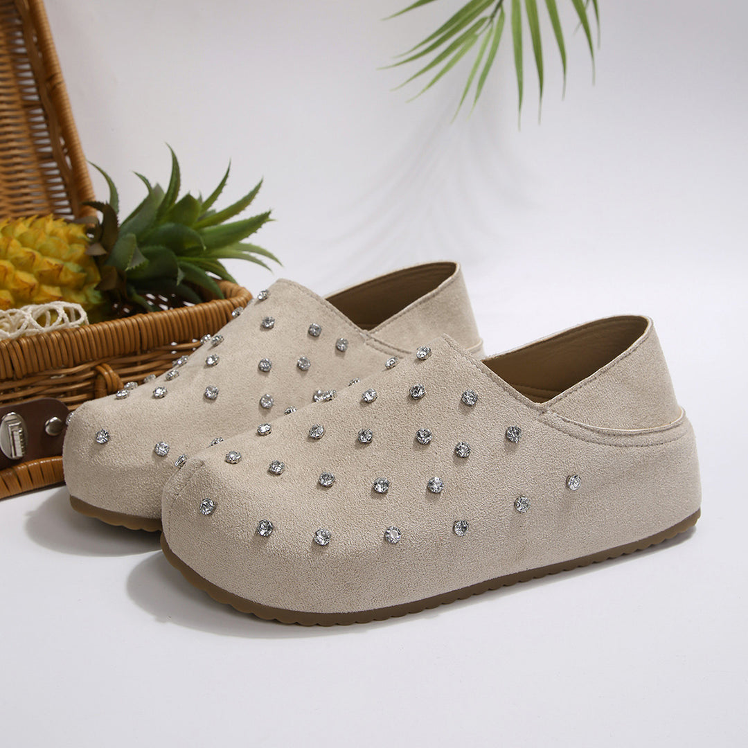Women Rhinestone-Embellished Suede Platform Slippers Mune Fashion