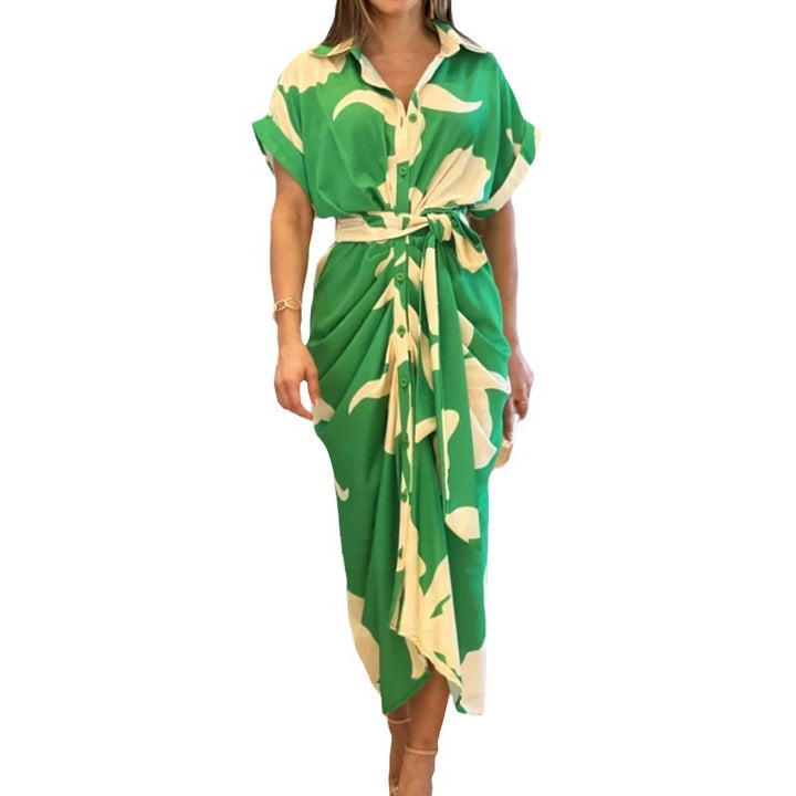 Women’s draped shirt midi dress with waist tie belt, side draping and button placket Mune Fashion