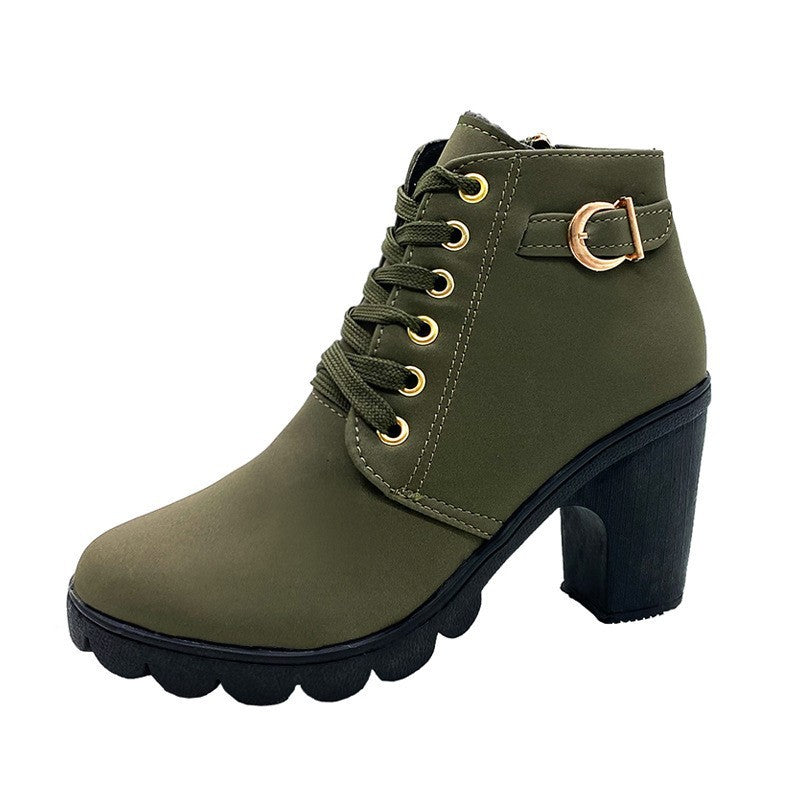 Women's elegant lace-up ankle boots with mid-block heel, grooved rubber sole, and decorative metal buckle Mune Fashion