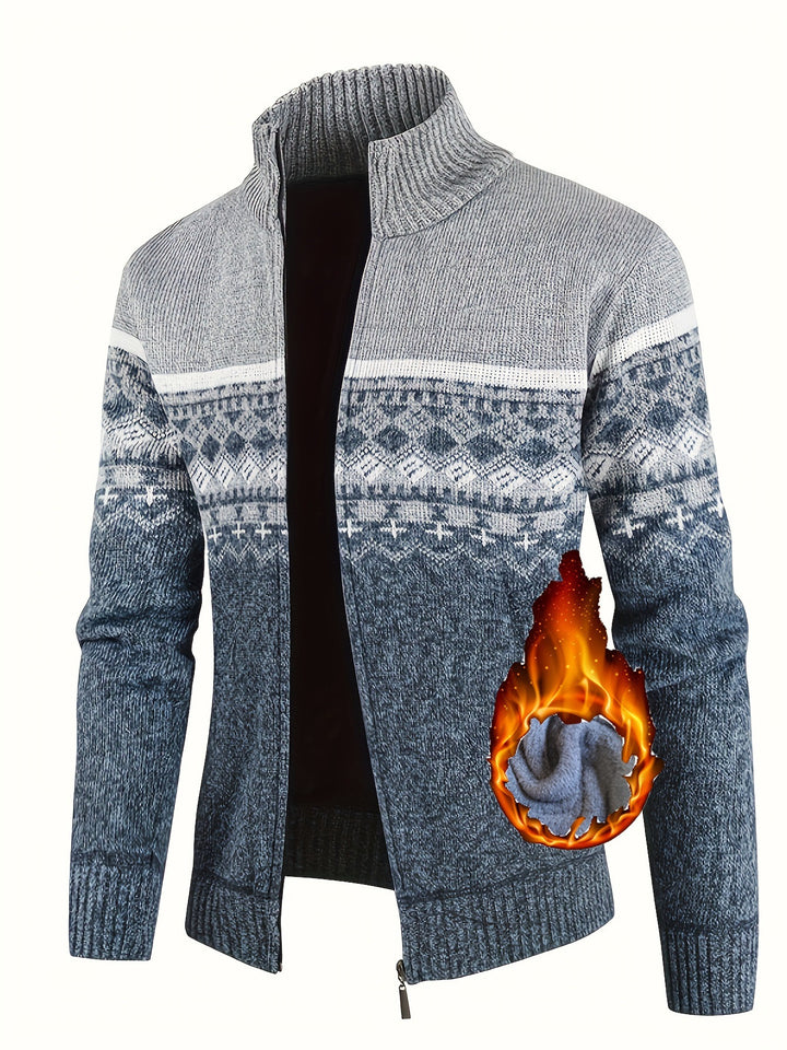 Men's Thermo Cardigan with Stand-up Collar and Zipper Norwegian Knit Fleece-lined Mune Fashion