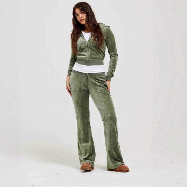 Women's Velvet Cropped Zip Jacket with Kangaroo Pocket and High-Cut Cuffed Pants Mune Fashion