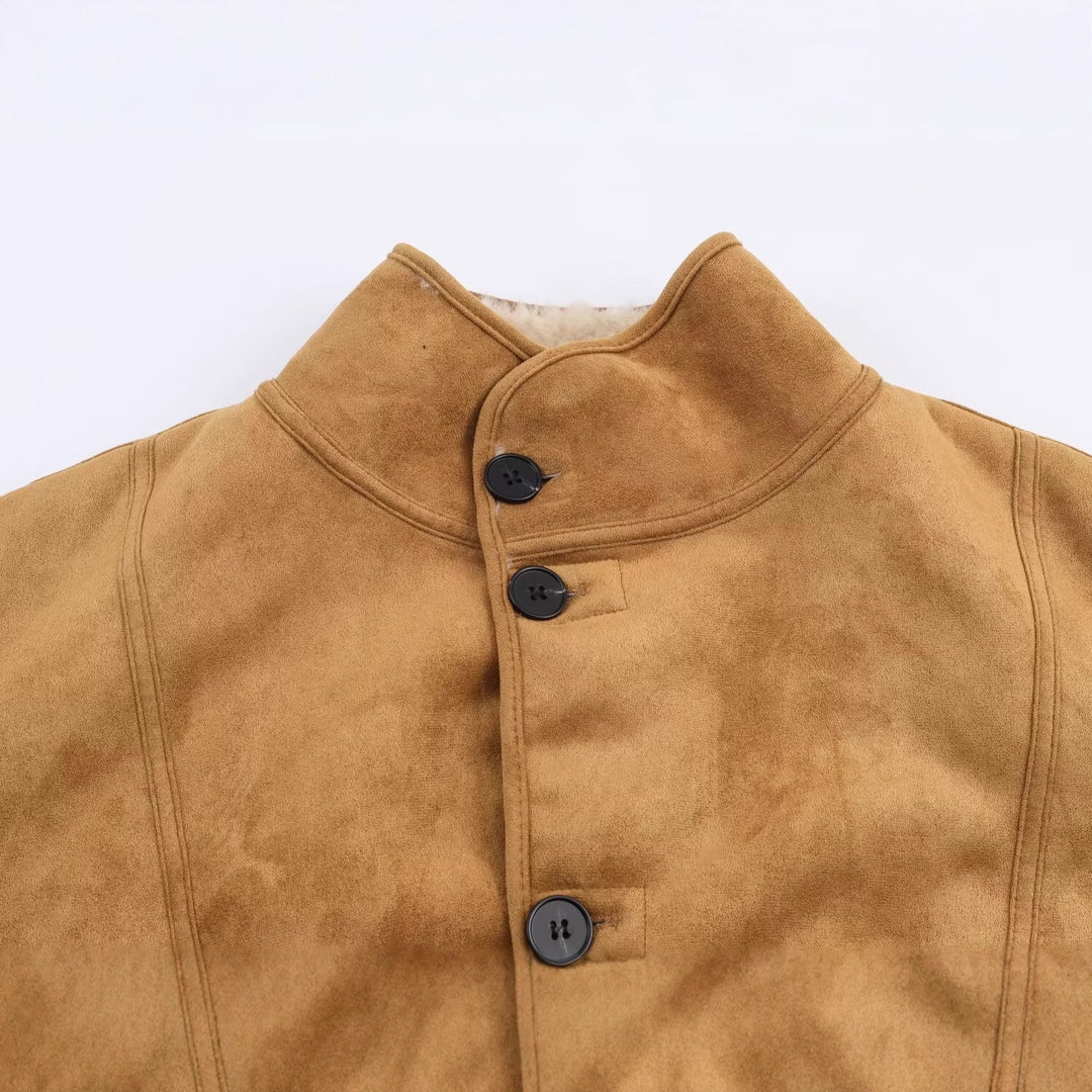 Women's Short Lambskin Imitation Jacket in Boxy Cut with Stand-Up Collar and Large Outer Pockets Mune Fashion