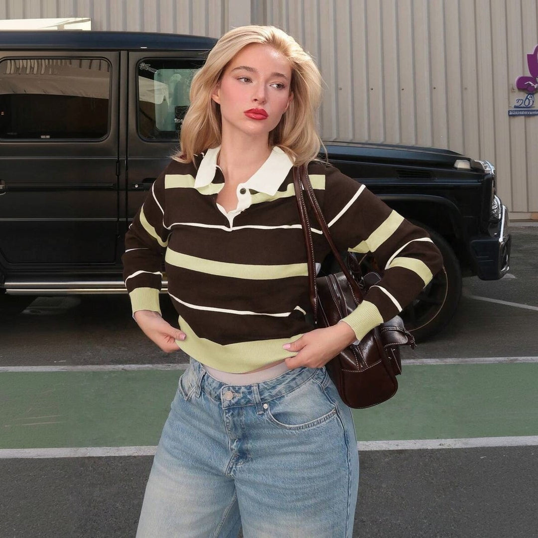 Women's Striped Rugby Sweater with Polo Collar and Ribbed Cuffs Mune Fashion