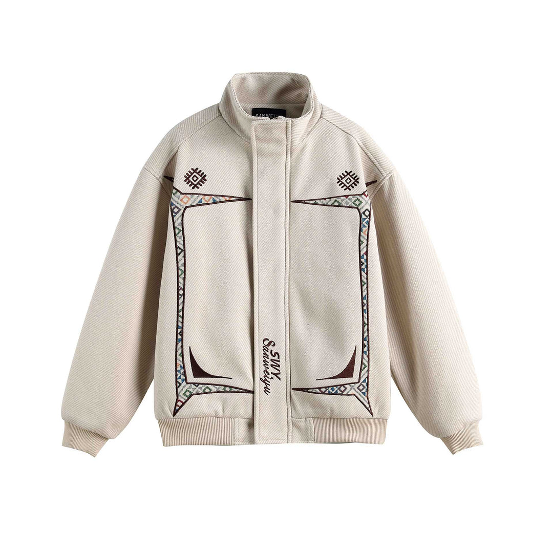 Women Lightweight Stand Collar Jacket with Folk Embroidery Appliqués and Ribbed Cuffs Mune Fashion
