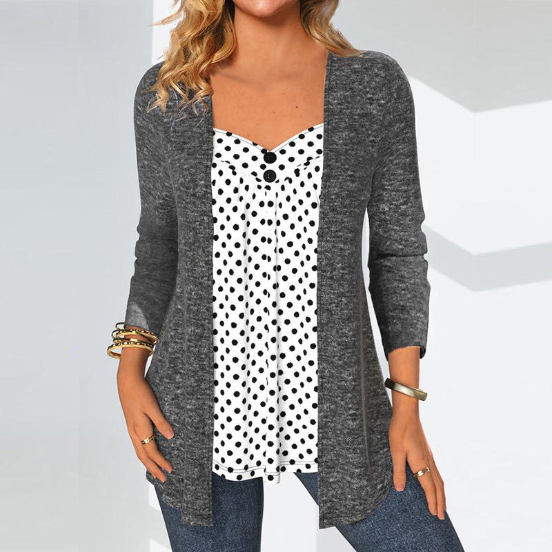 Ladies Open Long Cardigan with integrated polka dot insert and figure-flattering inner blouse Mune Fashion