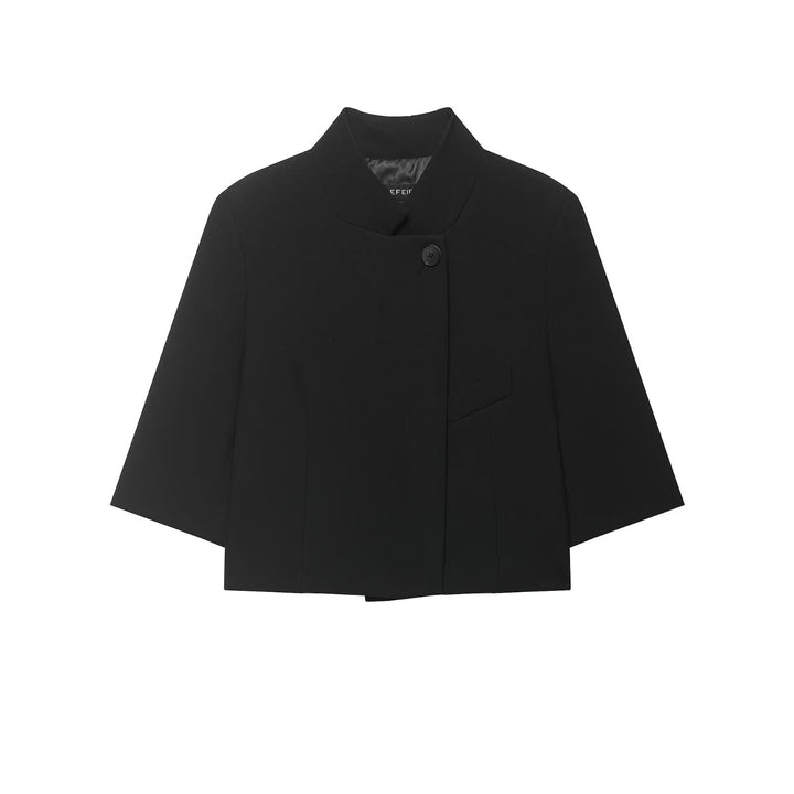 Women's Short Boxy Cape Jacket with Stand Collar, Concealed Button Placket and Flap Pocket Mune Fashion