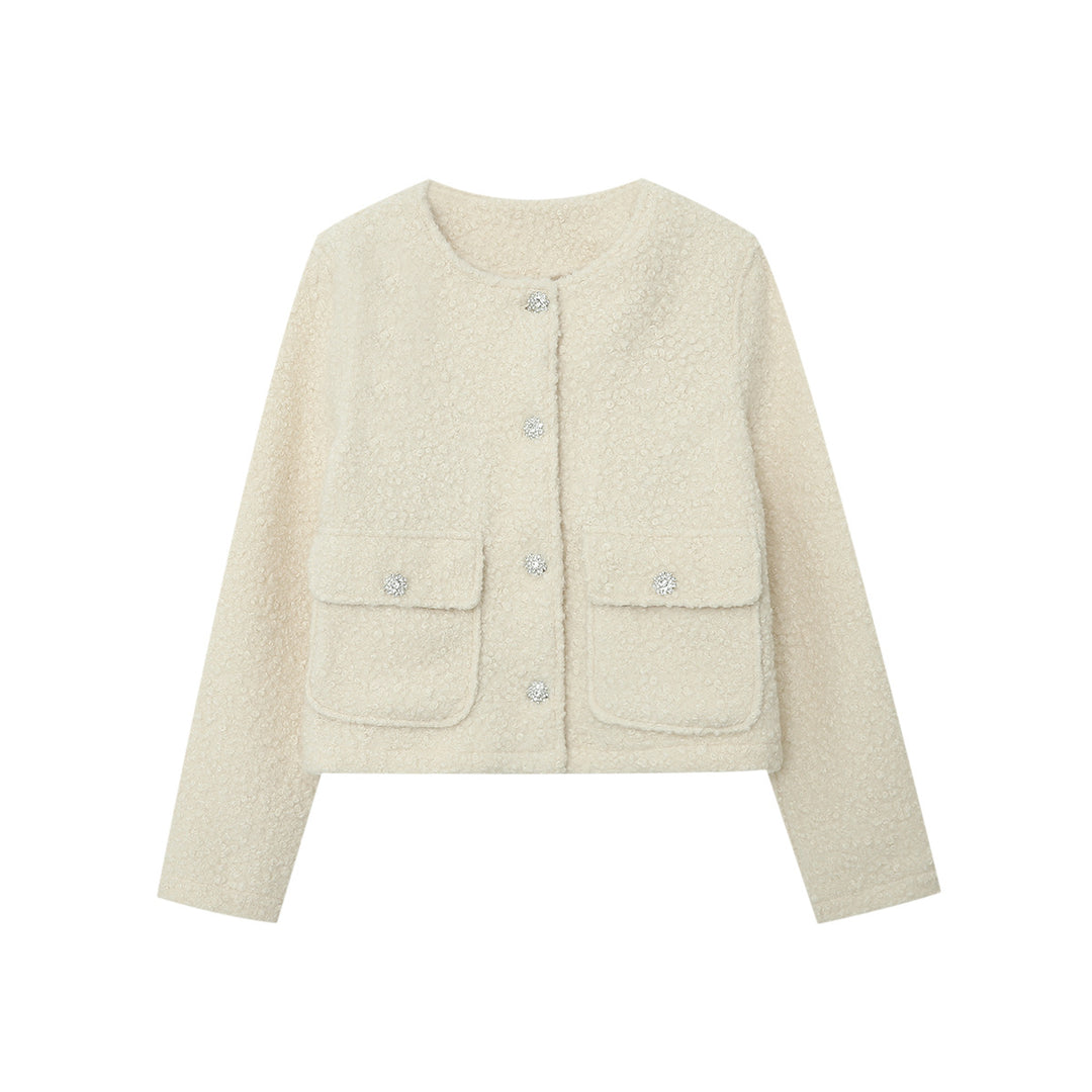 Women's Cropped Boucle Jacket with Round Neckline, Flap Pockets and Shimmering Decorative Buttons Mune Fashion