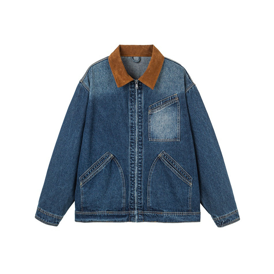 Men's Relaxed Denim Jacket with Contrast Corduroy Collar and Slanted Chest Pocket Mune Fashion