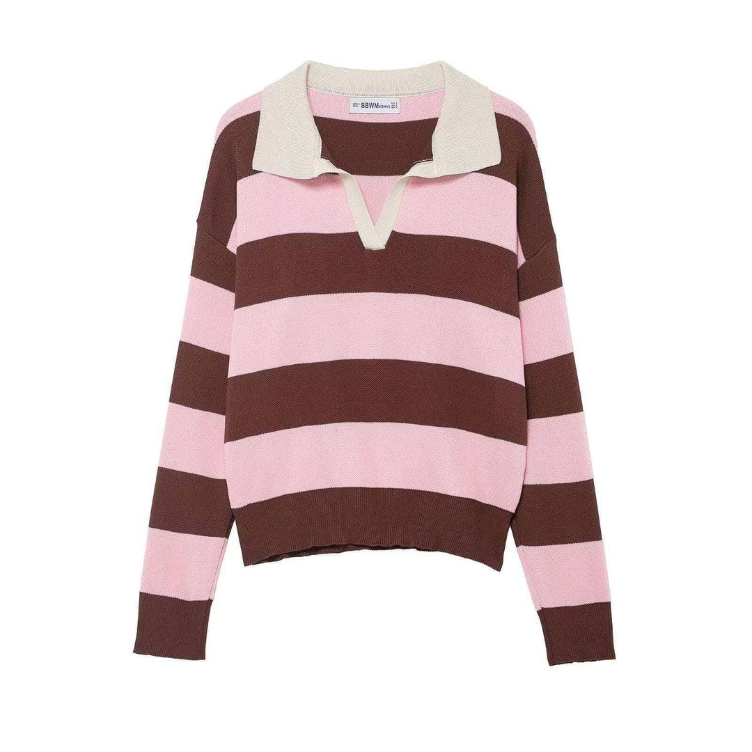 Women's striped rugby pullover with polo collar, V-neck and extended ribbed cuffs Mune Fashion