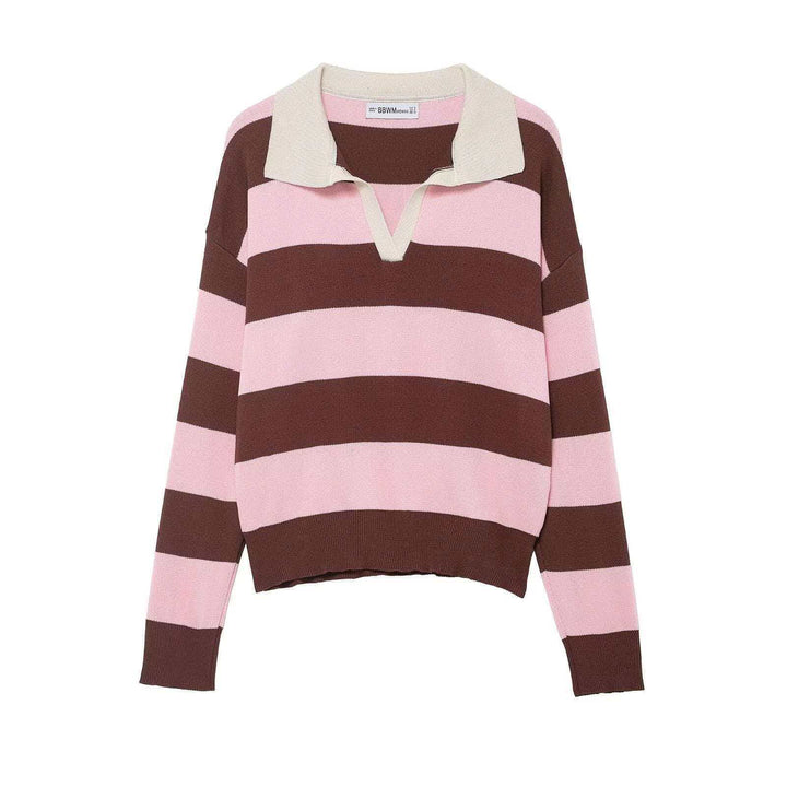 Women's striped rugby pullover with polo collar, V-neck and extended ribbed cuffs Mune Fashion