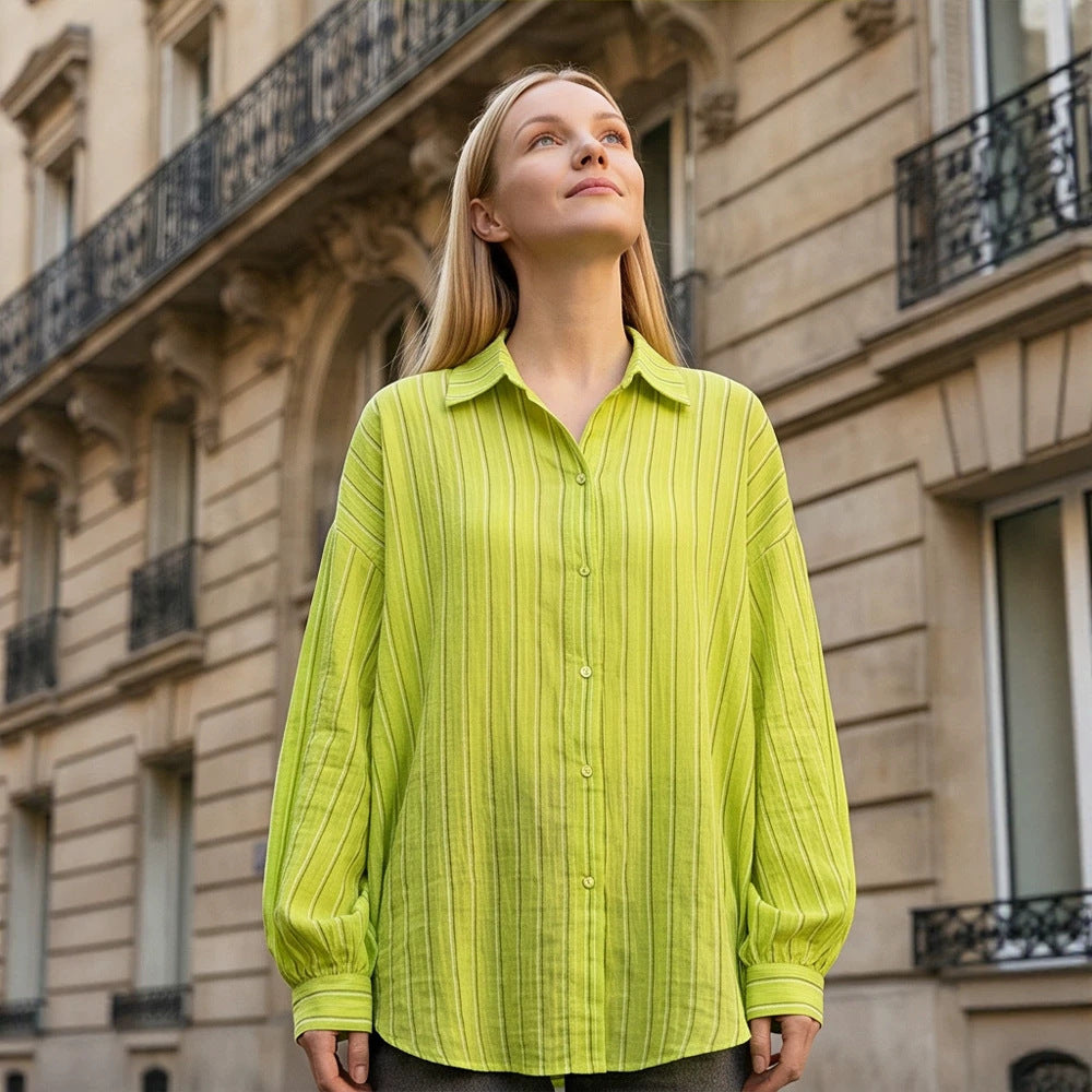 Ladies Oversize Linen Look Shirt Blouse with Stripes, Voluminous Sleeves & Extended Back Hem Mune Fashion