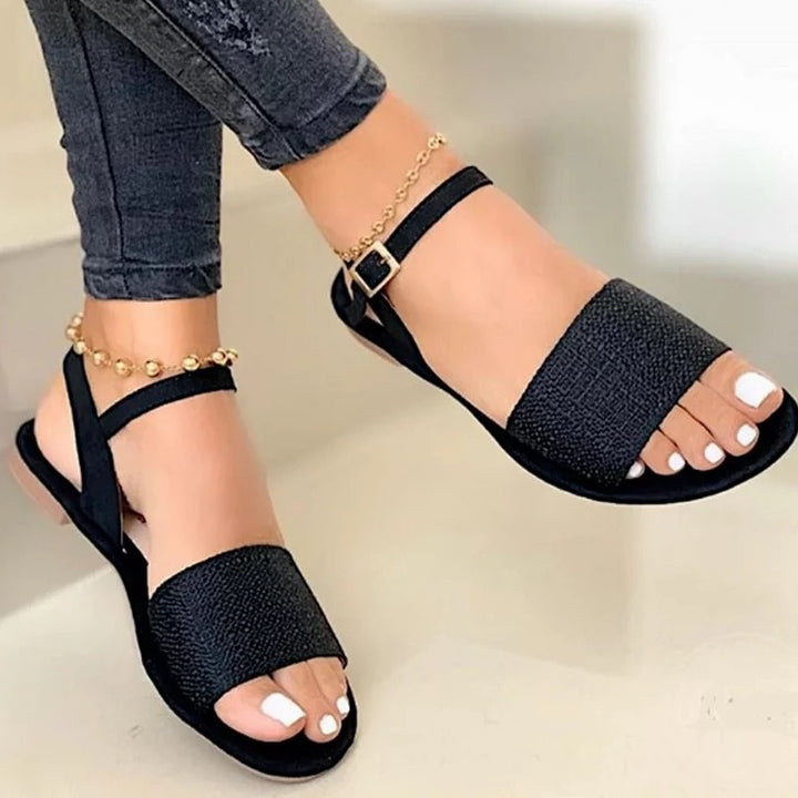 Women's flat sandal with wide rhinestone strap and adjustable ankle strap Mune Fashion