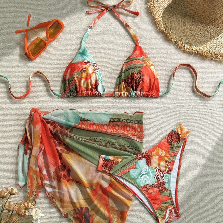 Women's Triangle Bikini with Floral Design and Silky Cover-Up Mune Fashion
