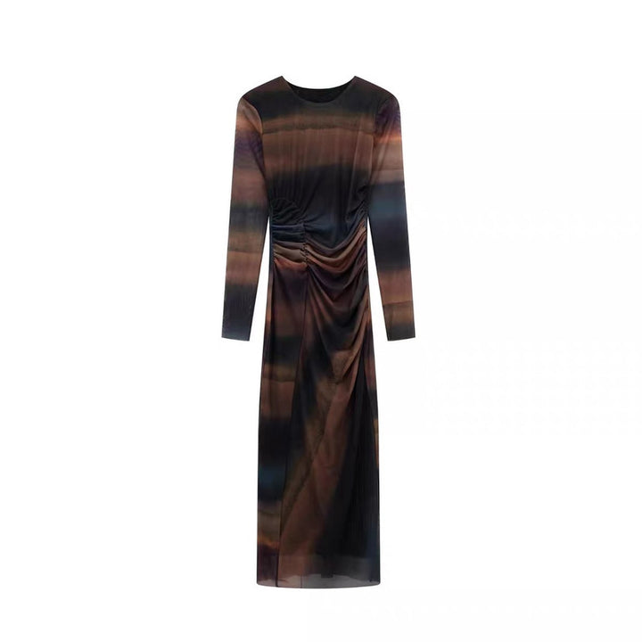 Women's Figure-Hugging Midi Dress with Side Draping and Round Neckline Mune Fashion