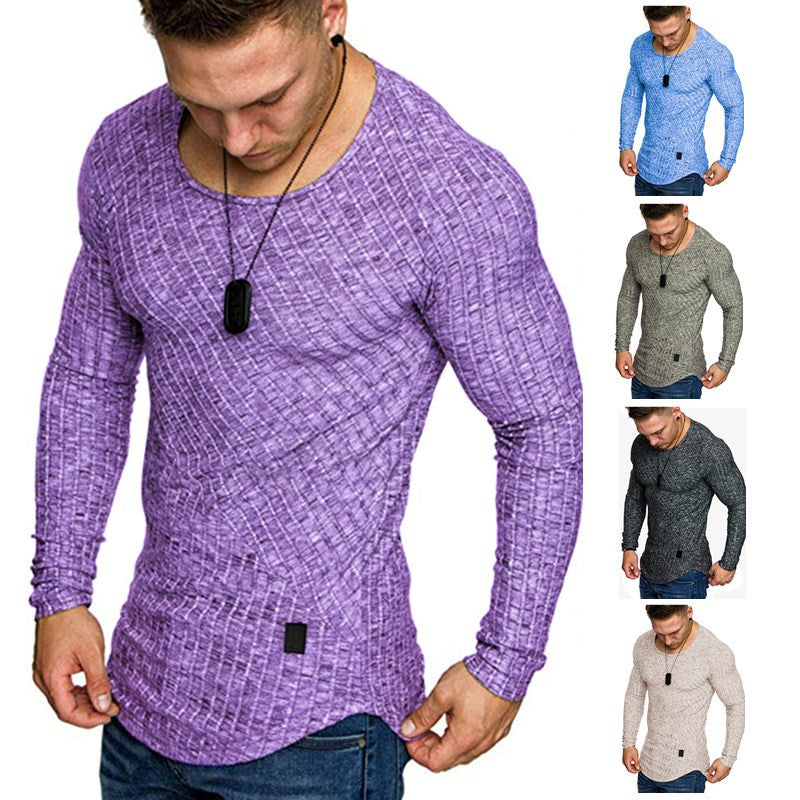 Men's Fitted Textured Knit Long Sleeve Sweater with Round Neck Mune Fashion