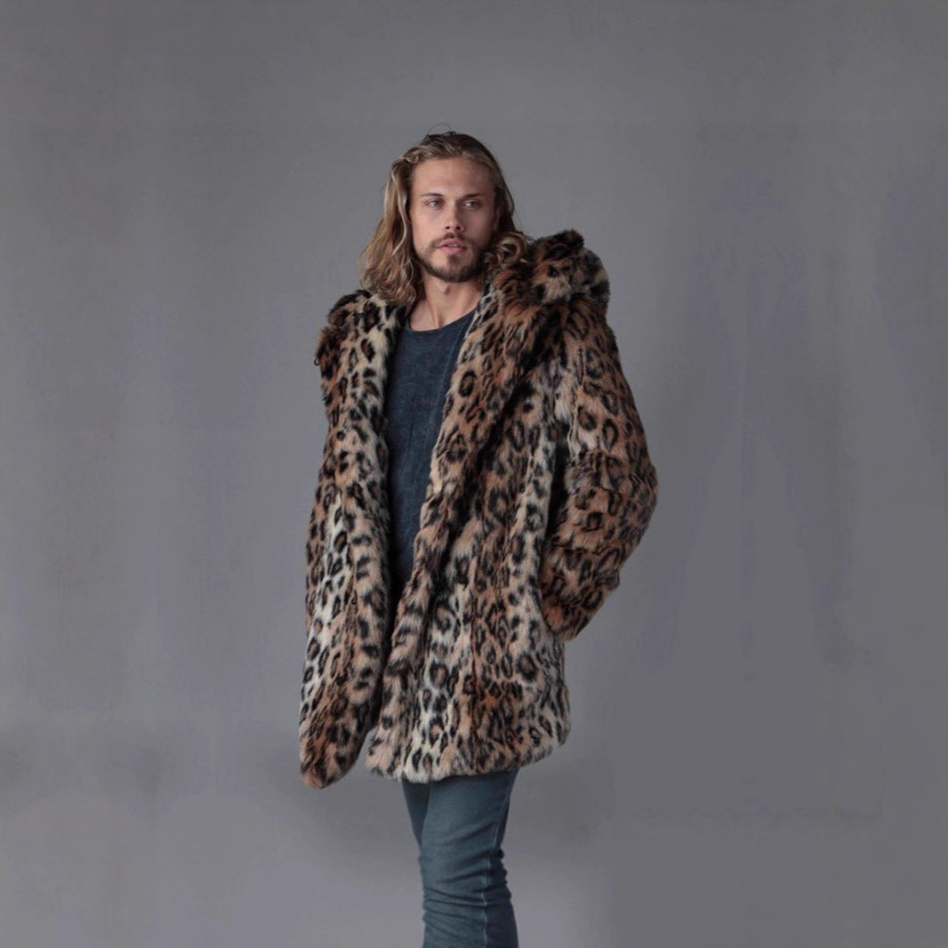 Men's Long Faux Fur Coat with Hood, Ear Application and Oversized Silhouette Mune Fashion