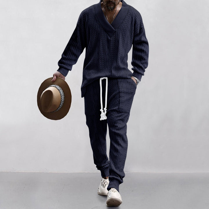 Men's Structured Knit Lounge Set with Deep V-Neck and Drawstring Pants Mune Fashion