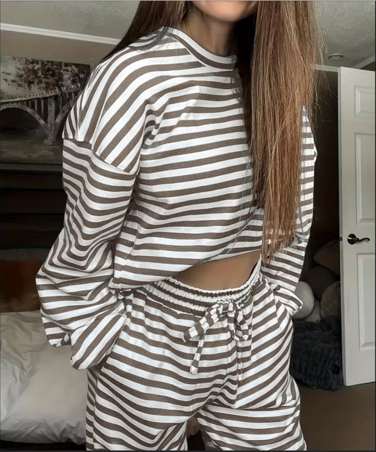 Women's Striped Lounge Set made from a soft cotton blend with wide leg Mune Fashion