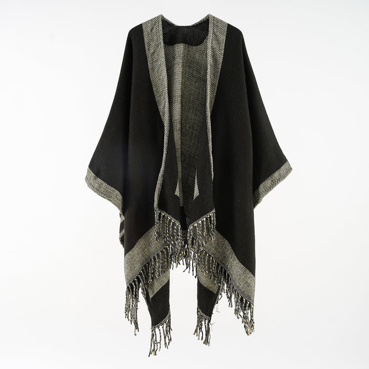Women Ruana Poncho with Fringe Hem and Herringbone Weave Structure Mune Fashion