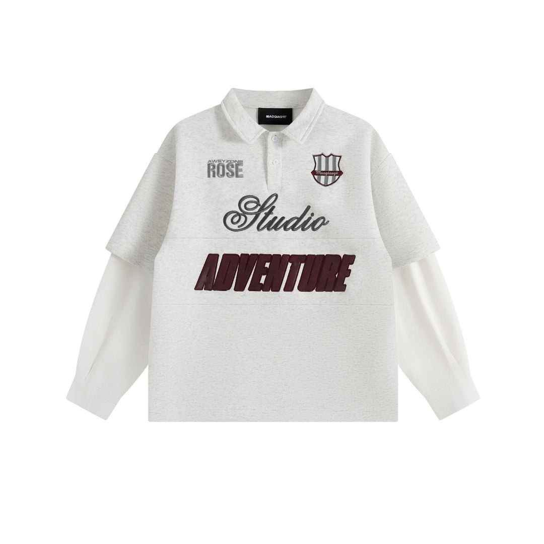 Women Layered Look Sweatshirt with Polo Collar and Patch Embroidery Mune Fashion