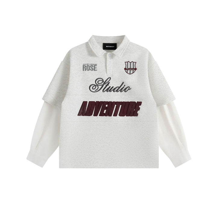 Women Layered Look Sweatshirt with Polo Collar and Patch Embroidery Mune Fashion