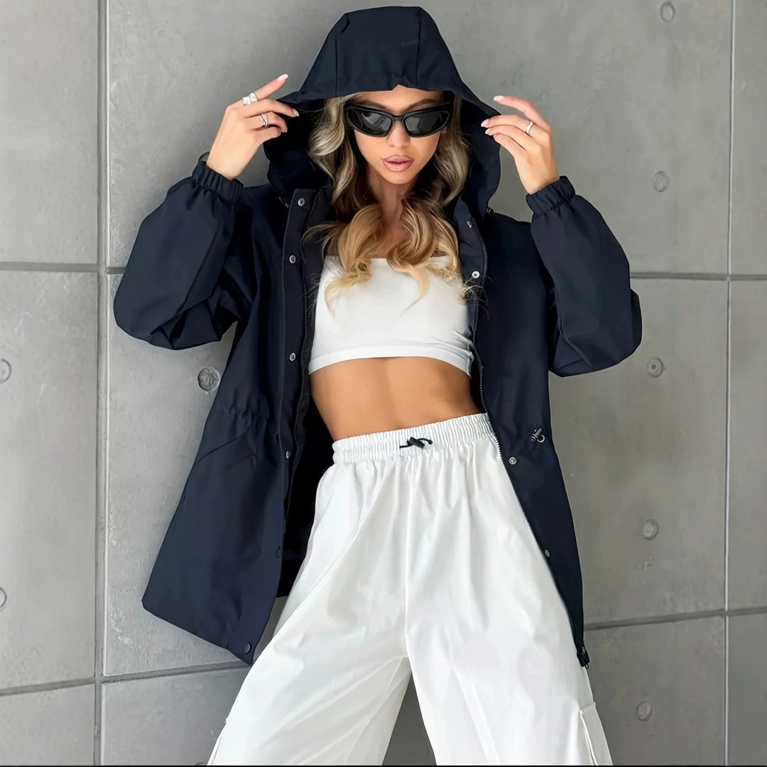 Women's hooded parka with waist drawstring and wind-resistant outer shell Mune Fashion