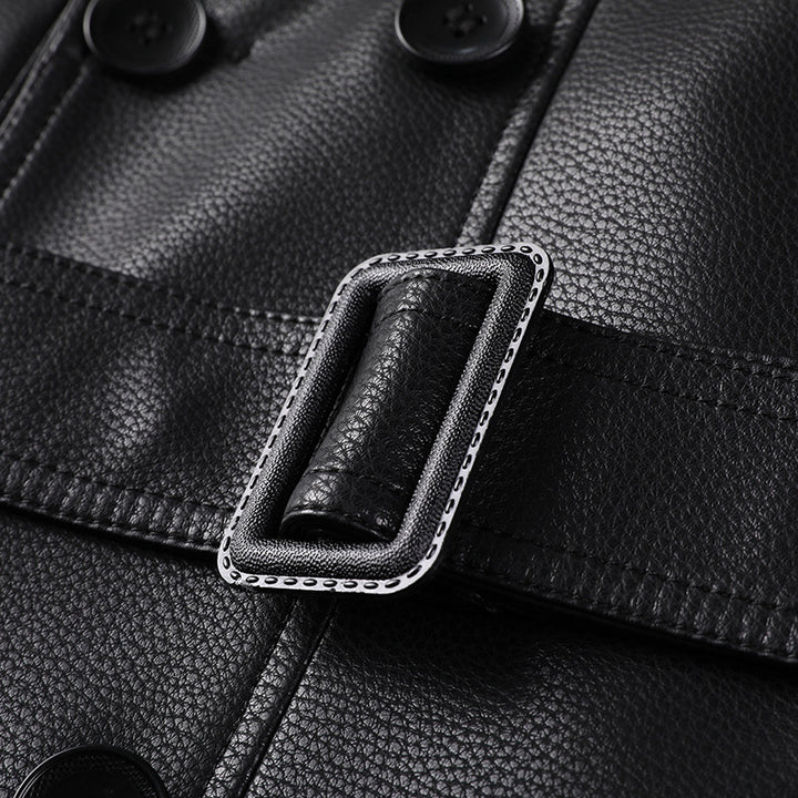 Men's Long Leather Trench Coat with Waist Belt and Double-Breasted Button Placket Mune Fashion