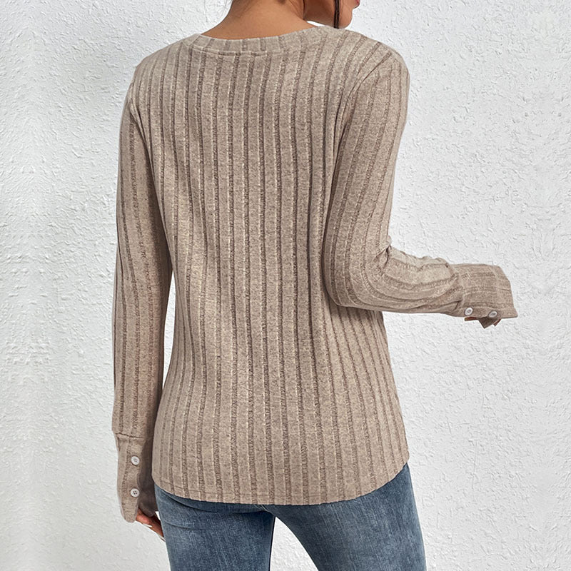 Women's Tailored Ribbed Knit Sweater with Sheer Lace Insert at V-Neck Mune Fashion