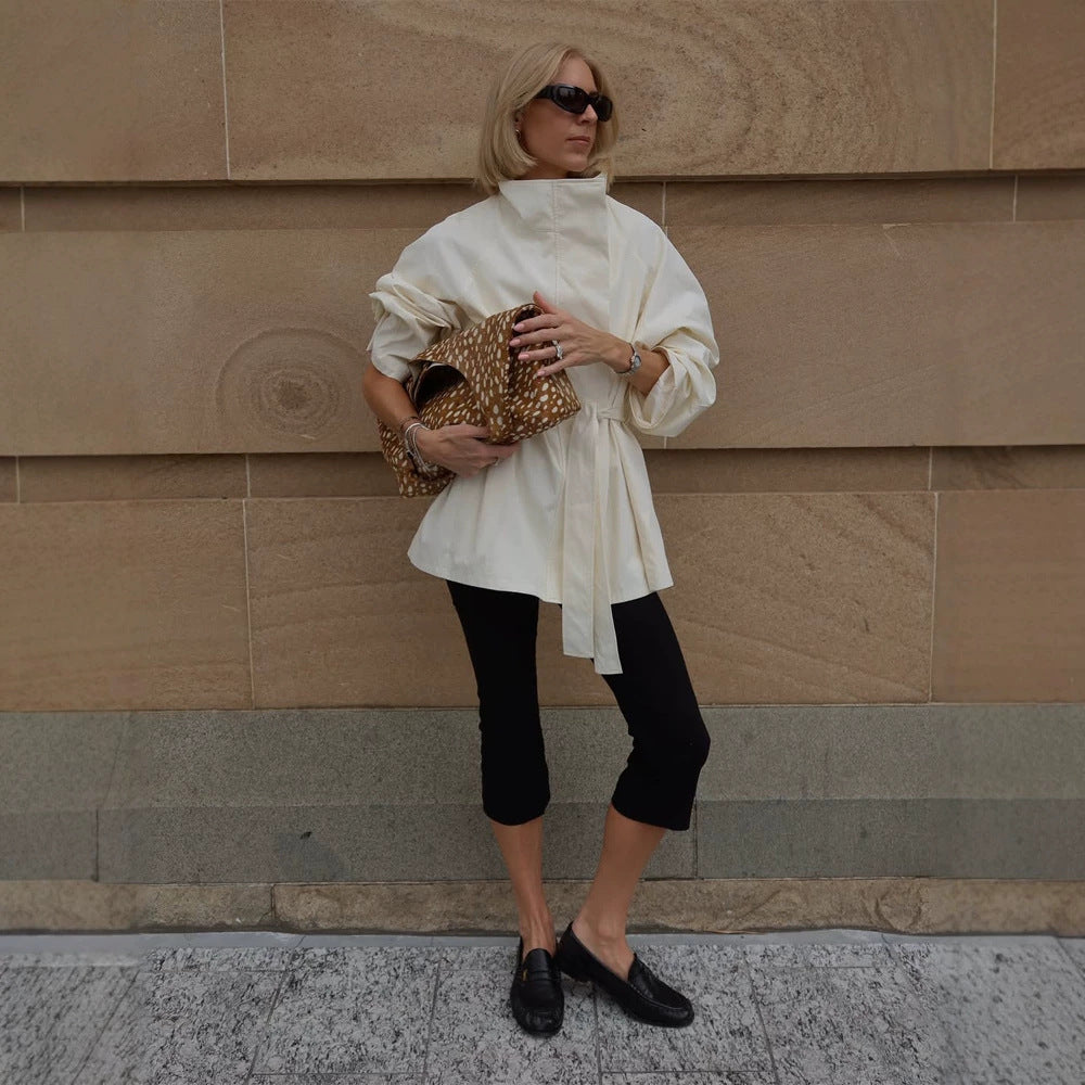 Women's Boxy Short Coat with High Stand Collar and Tied Belt Mune Fashion