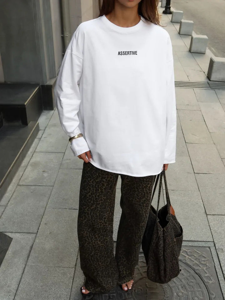 Women Oversized Long Sleeve Sweatshirt with Statement Print and Round Neckline Mune Fashion