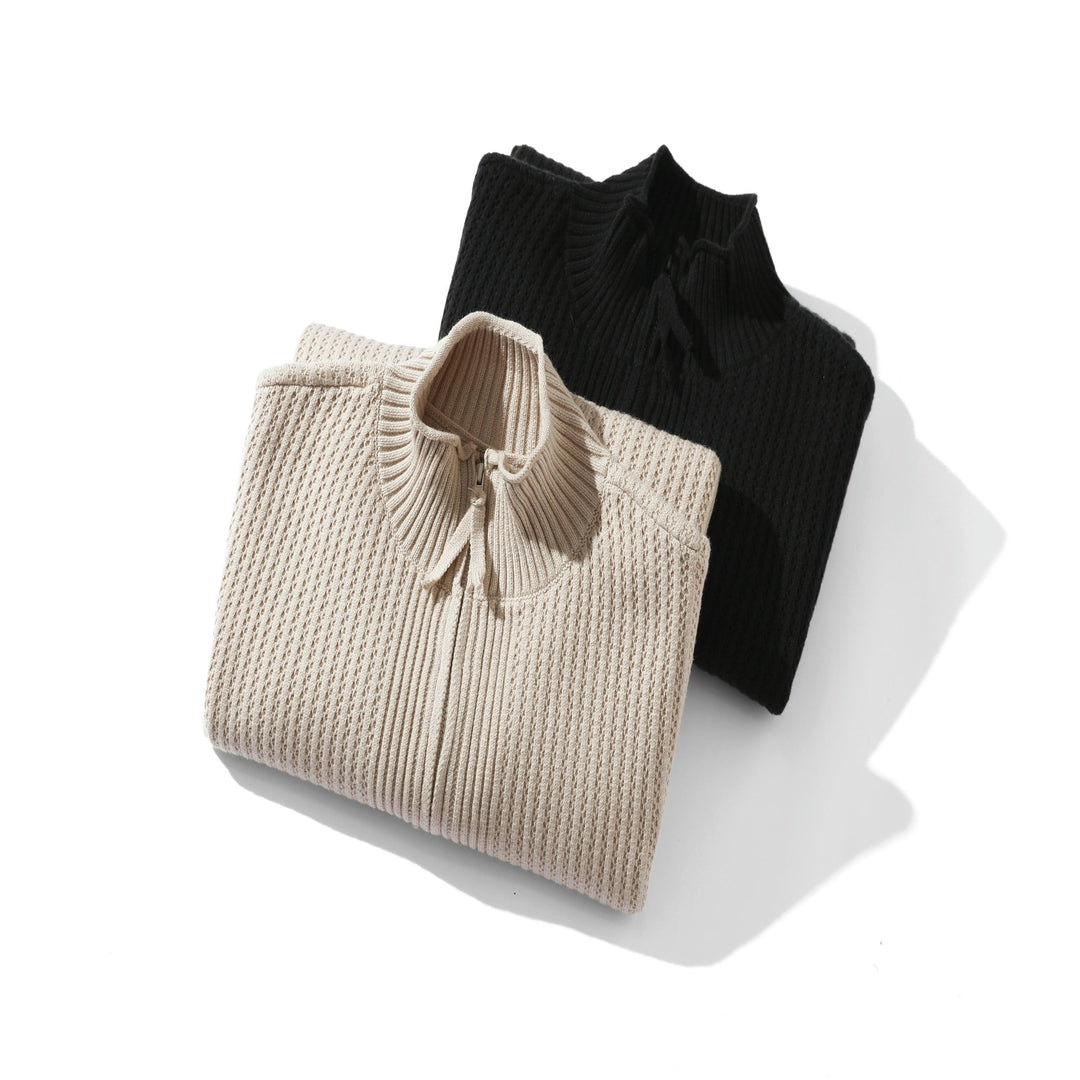 Unisex Structured Zip Sweater with High Ribbed Collar and Purl Pattern Mune Fashion